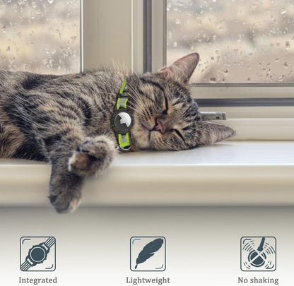 Reflective AirTag Cat Collar, Integrated Cat Tracker Collar with Air Tag Holder and Bell, Safety Elastic Band Cat GPS Collars for Girl Boy Cats, Kittens and Puppies (Olive,S)