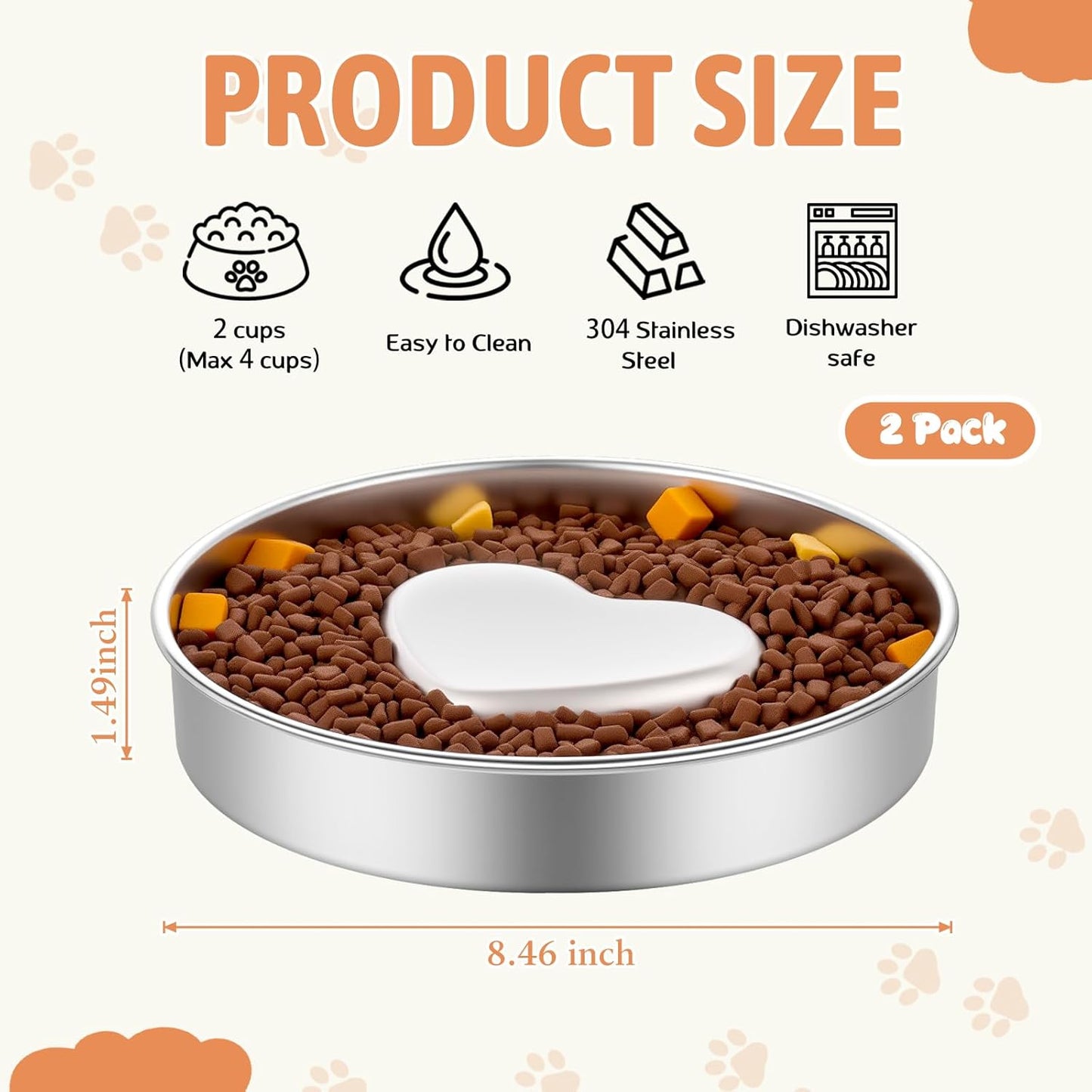 tchrules 2 Pack Slow Feeder Dog Bowls Stainless Steel, 2 Cups Metal Slow Eating Dog Bowl with Non-Slip Pads, Heart Pet Food Bowls for Small Medium Breed Dogs to Slow Down Eating Anti-Gulping