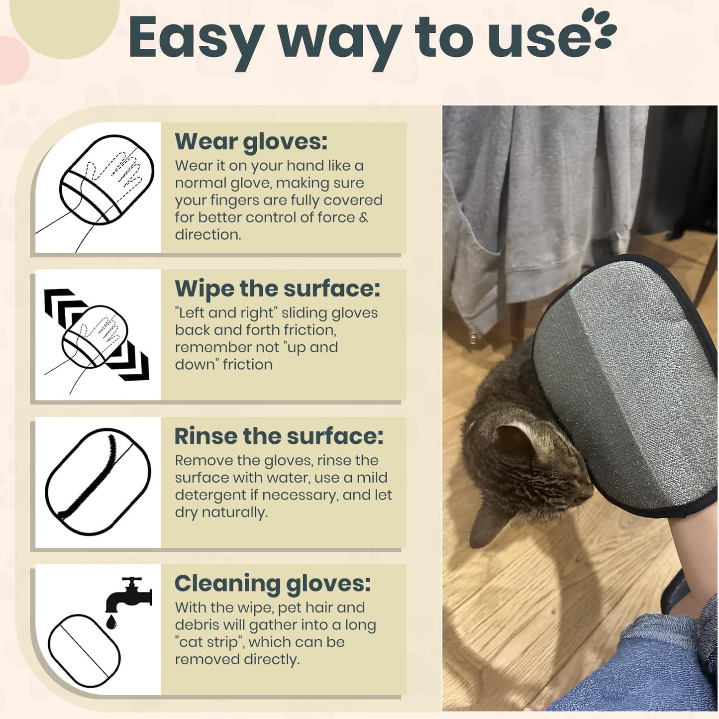 Pet Hair Remover Glove – Reusable Electrostatic Pet Hair Removal Glove for Furniture, Carpet & Car – Upgraded Design Cat & Dog Hair Mitt for Cleaning (Black - 2 Pack Gloves)