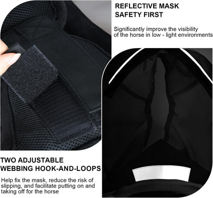 Luminous Horse Fly Mask with Long Nose, Ears, Full Face & Eye Protection - Full Mesh, Detachable Nose Cover, Fleece Padded Edging, Hook-and-Loop Straps with Webbing, Hanging Straps Black