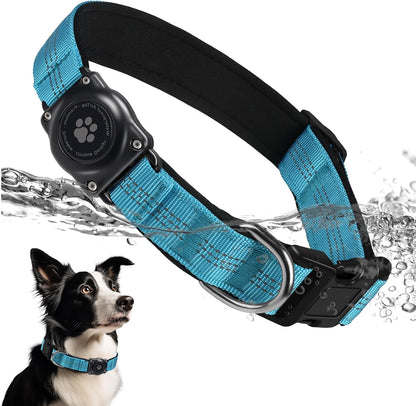 Upgraded AirTag Dog Collar, IP68 Waterproof Air Tag Dog Collar Holder, Reflective, Ultra-Durable, Comfortable Padded, Heavy Duty Dog Collars for Small Medium Large Dogs (M (12.6"-17.1"), Blue)