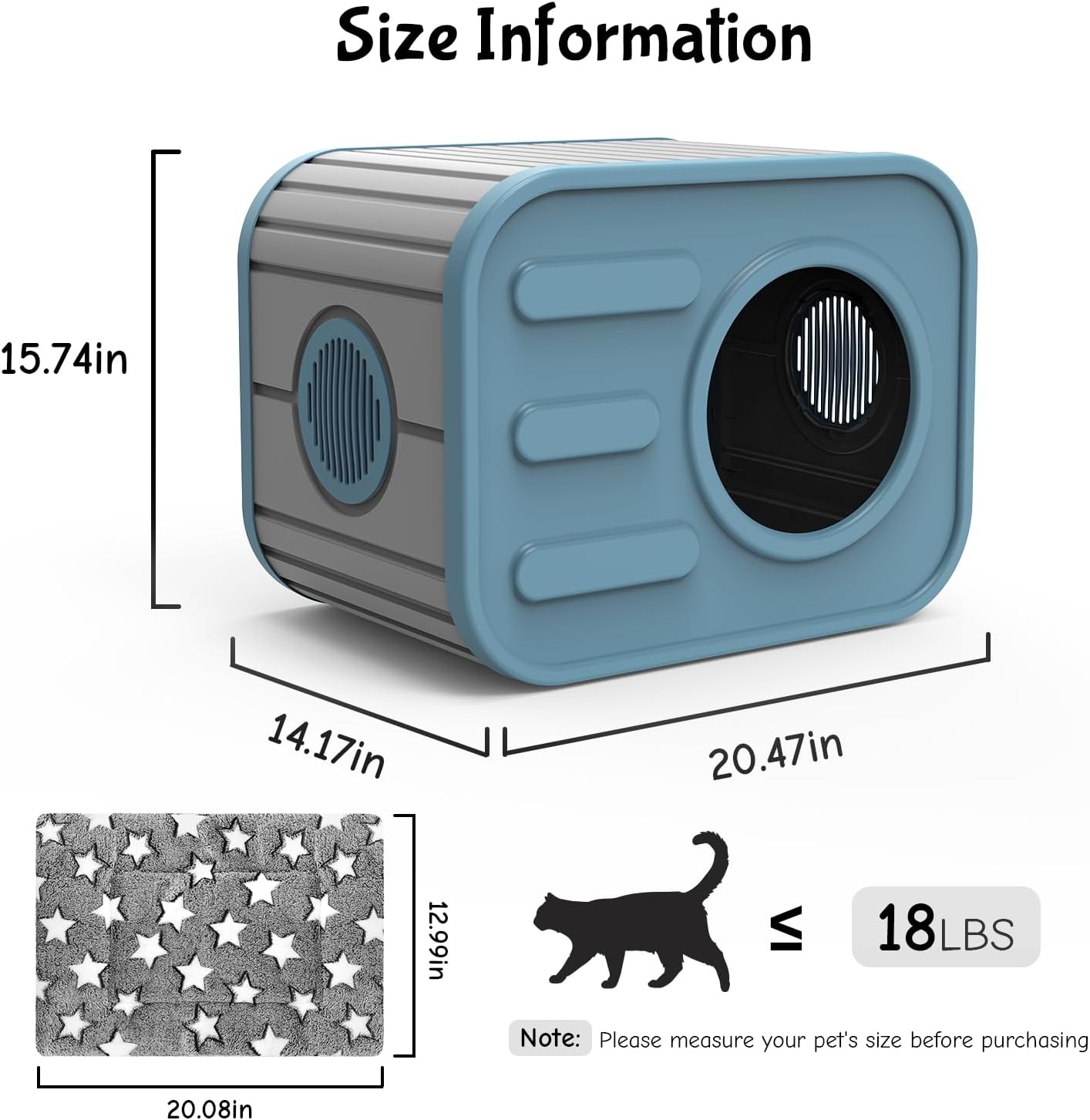 Outdoor Cat House, Outside Cat Shelter with Bed Mat for Feral Cat, Plastic Pet House for Indoor and Outdoor Use, Weatherproof, Blue