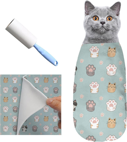 Puffluv Cat Wrap,Feline Nail Cutting Self-Adhesive Relief Blanket, Scratch&Escape-Proof,for Medication,Tooth Brushing,Claw Clipping,Ear Care with Lint Roller, 6-14 lbs