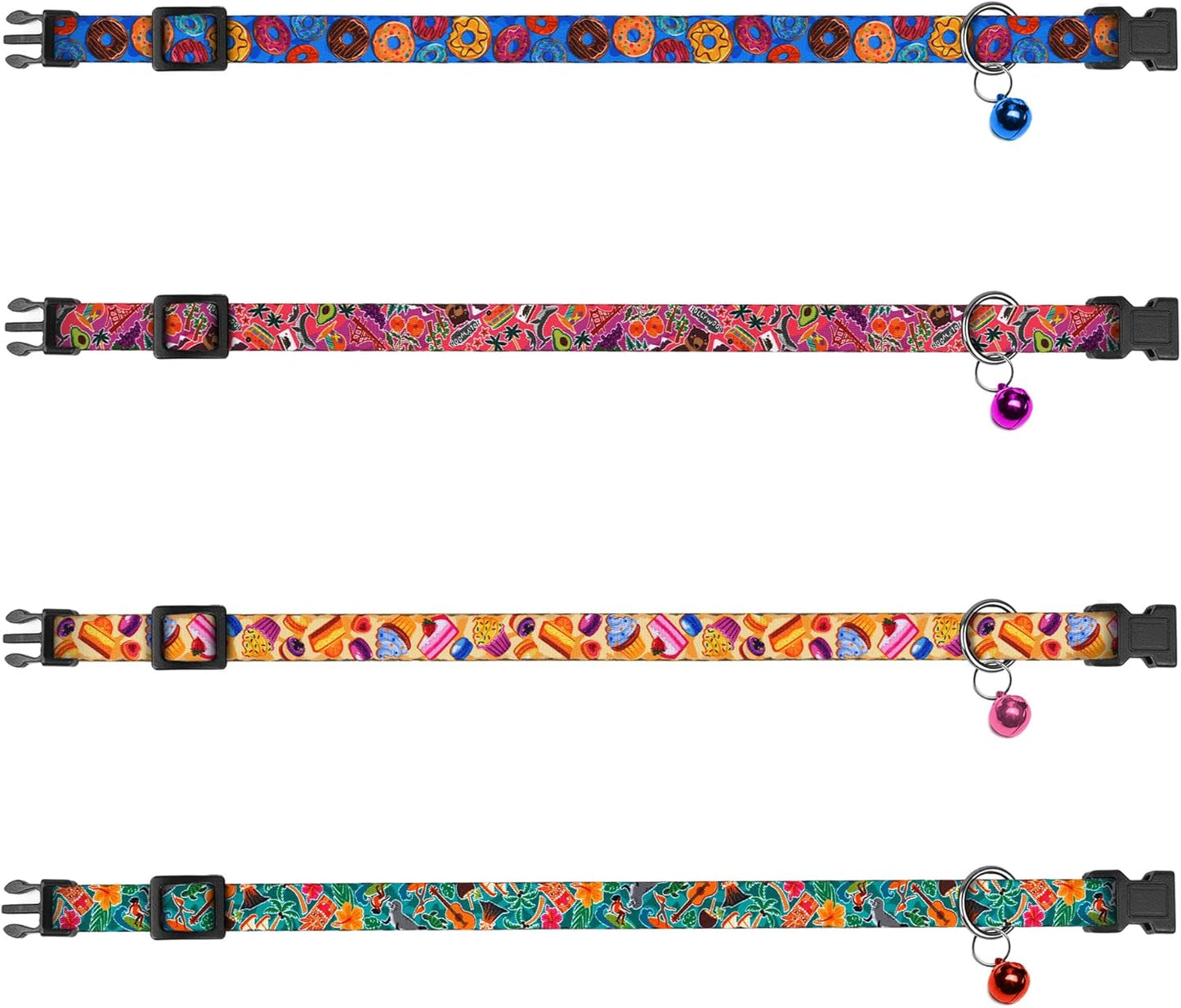 4PCS Breakaway Cat Collars with Bell - Cute Soft Adjustable Safety Kitten Collars 4-Pack - Nylon Pet Collars Nature Tribal Striped Floral Space Aztec Flowers Print (Travel & Cookies)