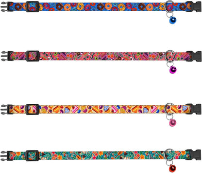 4PCS Breakaway Cat Collars with Bell - Cute Soft Adjustable Safety Kitten Collars 4-Pack - Nylon Pet Collars Nature Tribal Striped Floral Space Aztec Flowers Print (Travel & Cookies)
