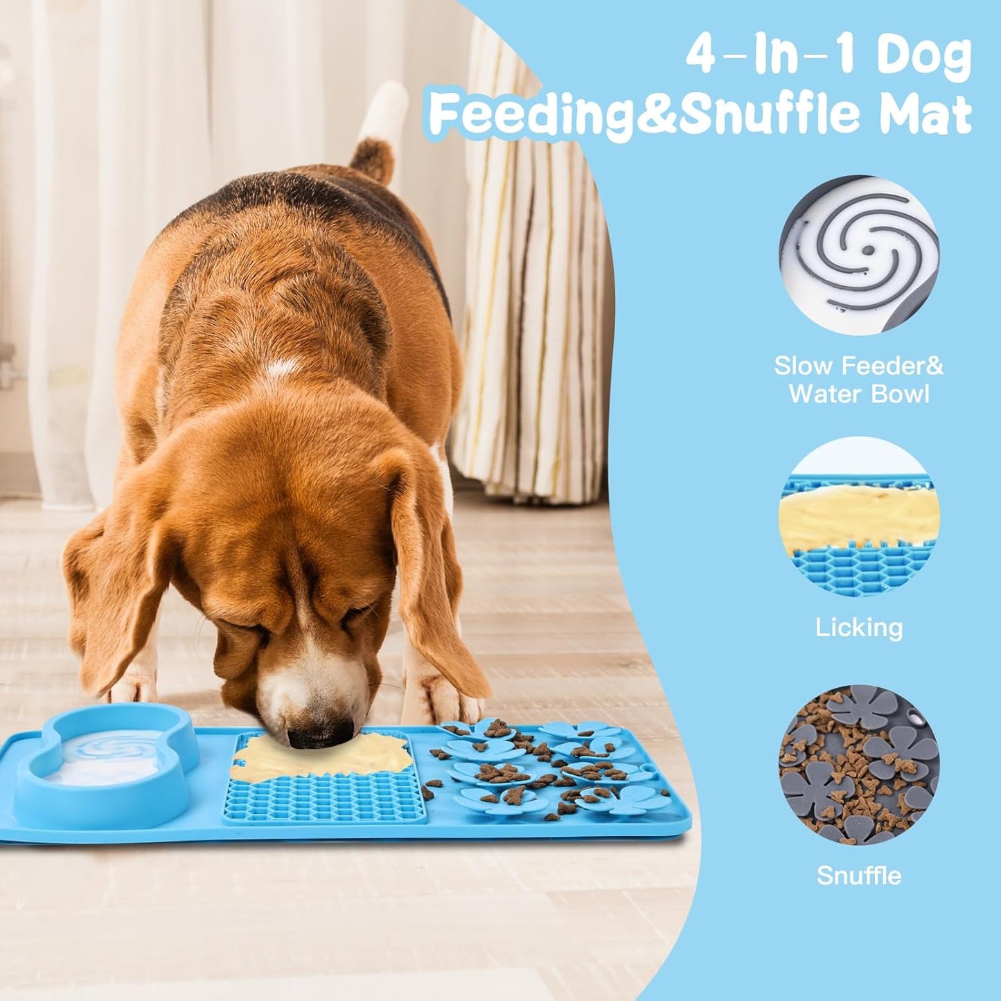 LONGFITE Large Dog Feeding Licking Snuffle Mat Silicone Slower Feeder Lick Mats Multi Use for Dry&Wet Food and Water with Brush and Spatula (Blue)