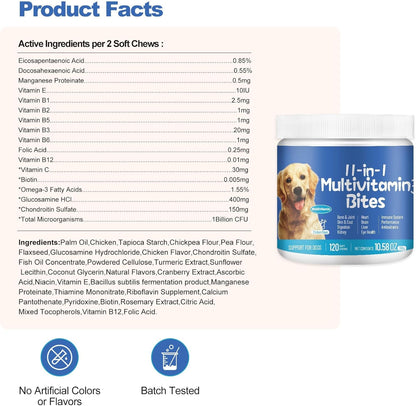 11-in-1 Dog Multivitamin Supplement - Dog Vitamins with Glucosamine - 120 Chews - Hip & Joint, Pet Immune Support, Heart, Skin & Coat, Digestion - Senior & Puppy Multivitamin Pet Supplement
