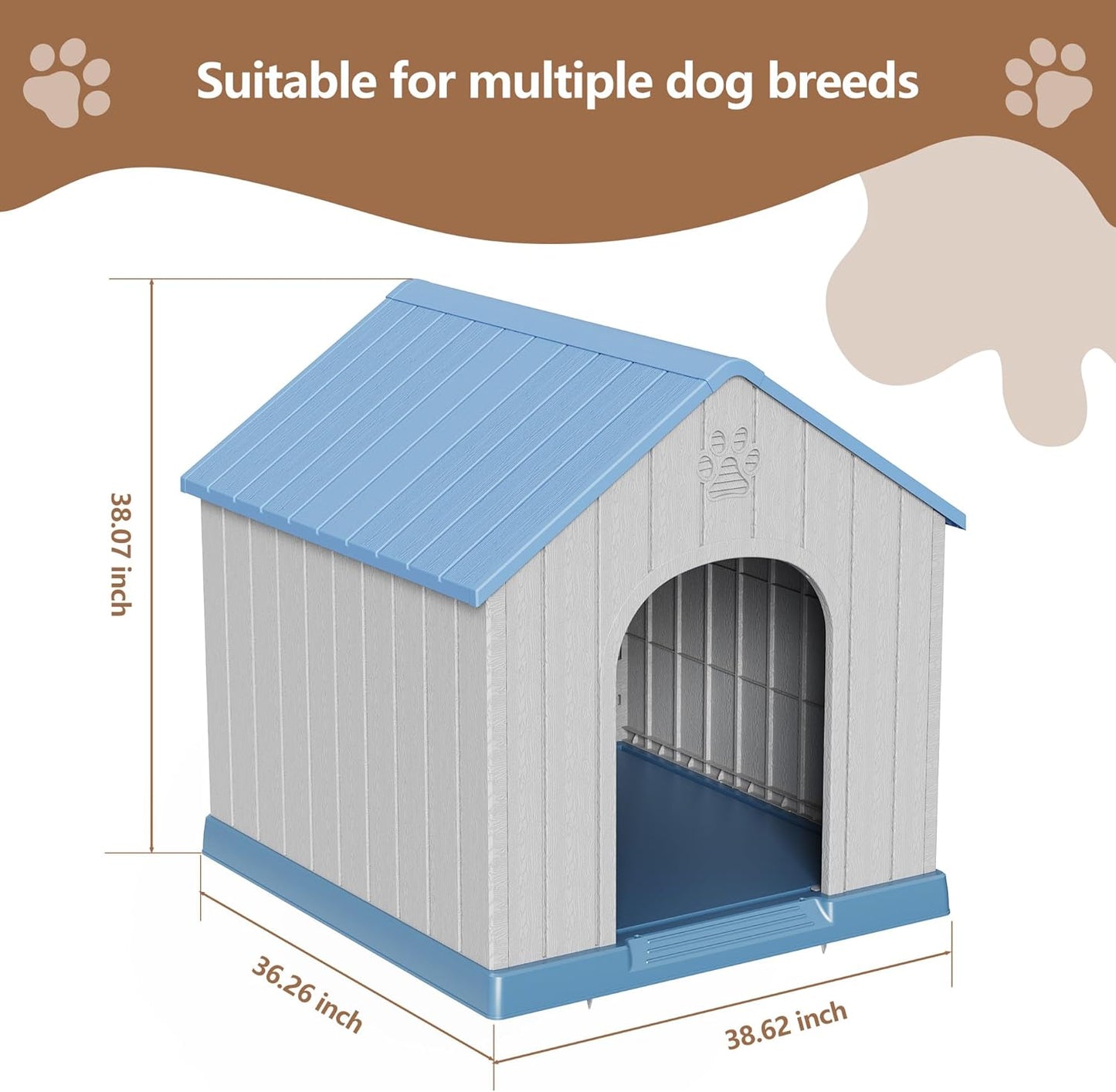 DRATO Large Dog House Indoor Outdoor Waterproof,Puppy Shelter with Air Vents and Elevated Floor,Sturdy Dog Kennel for Small to Large Sized Dogs, Easy to Assemble (Blue, 38.62×36.26×38.07 Inches)