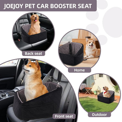 Small Dog Car Seat Booster Soft Thick Cushion for Pets Under 30lbs Detachable & Machine Washable 2 Safety Belts & Storage Pockets Secure Travel Bed for Compact Cars