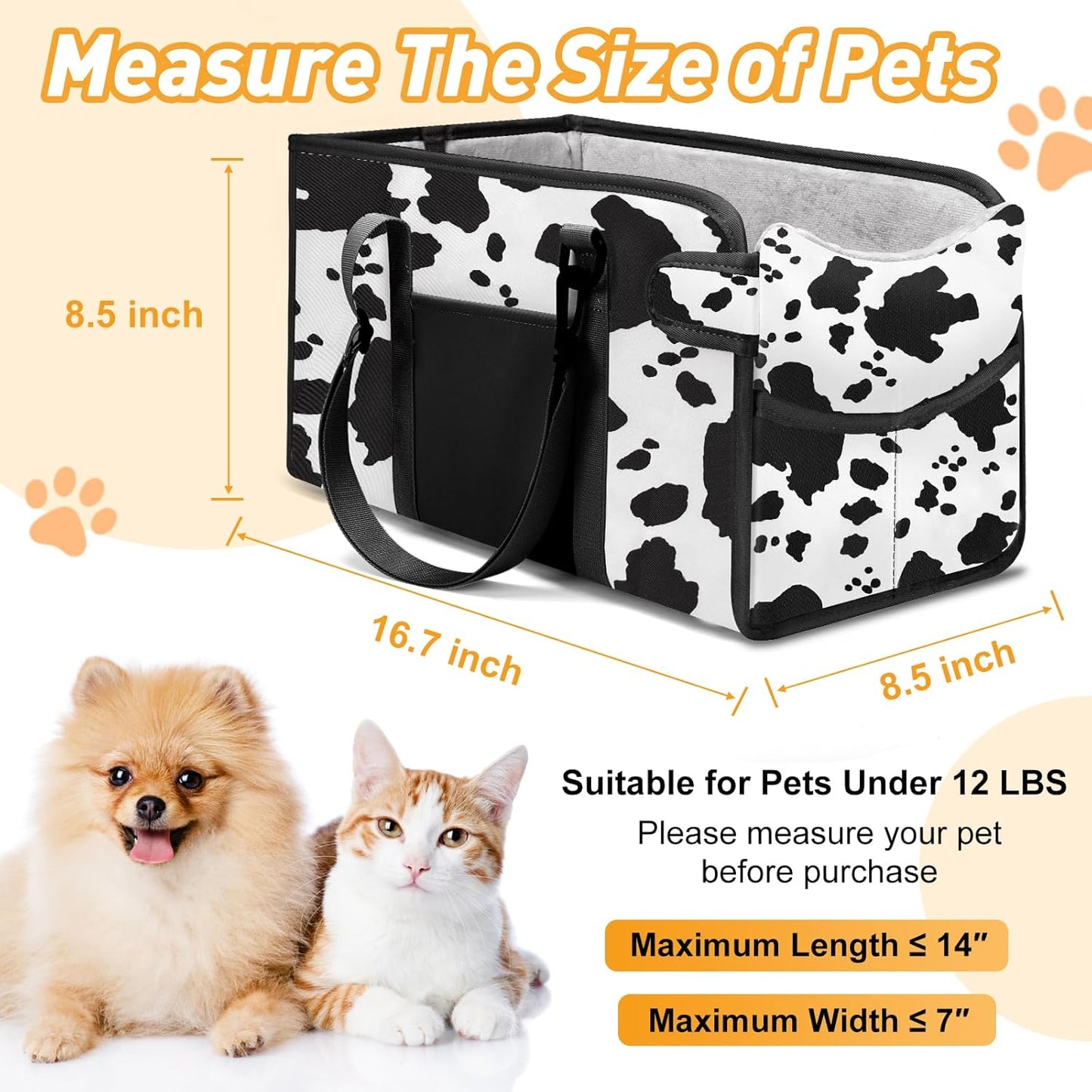 Portable Dog Car Seat for Small Dogs - Adjustable Safety Leash, Washable Cushion & Storage Pocket - Pet Booster Seat for Car Travel- Cow Pattern