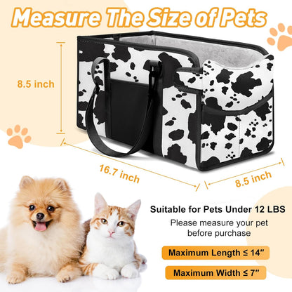 Portable Dog Car Seat for Small Dogs - Adjustable Safety Leash, Washable Cushion & Storage Pocket - Pet Booster Seat for Car Travel- Cow Pattern