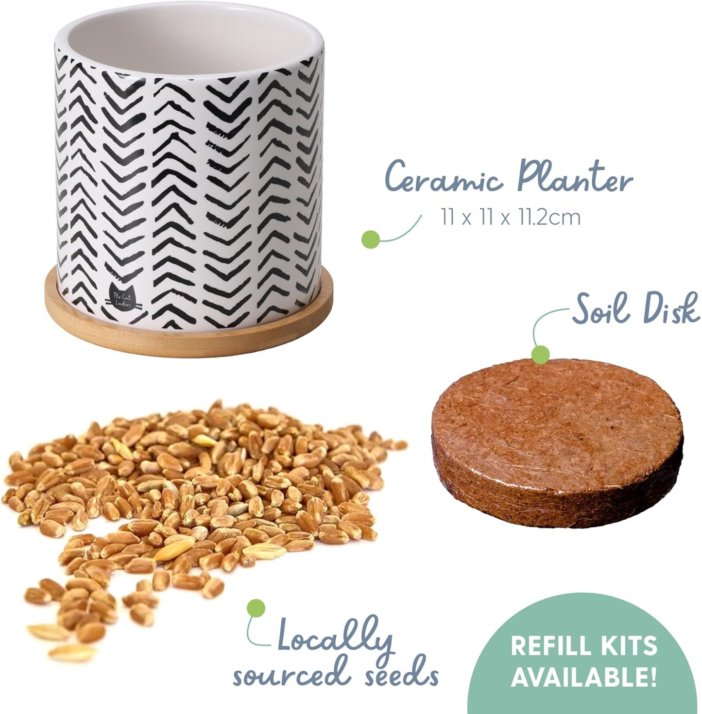 The Cat Ladies Organic Cat Grass for Indoor Cats - Growing Kit with Organic Seed Mix, Soil and Boho Planter with Bamboo Tray. Natural Hairball Control and Digestion Remedy, Cat Gifts