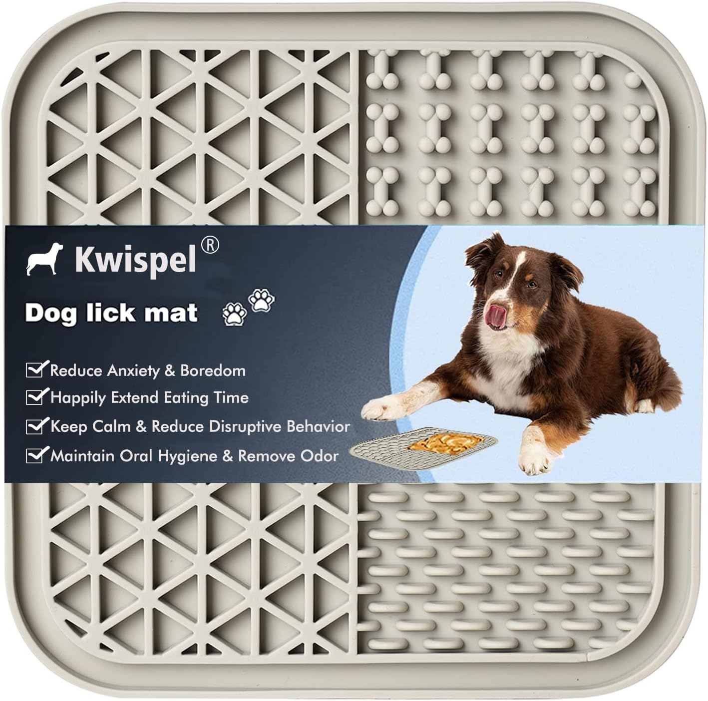Lick Mat for Dogs, Dog Lick Mat with Suction Cups for Anxiety, Peanut Butter Dog Licking Mat Slow Feeder Dispensing Treater Lick Pad for Dogs Cats Grooming Bathing and Training (Grey)
