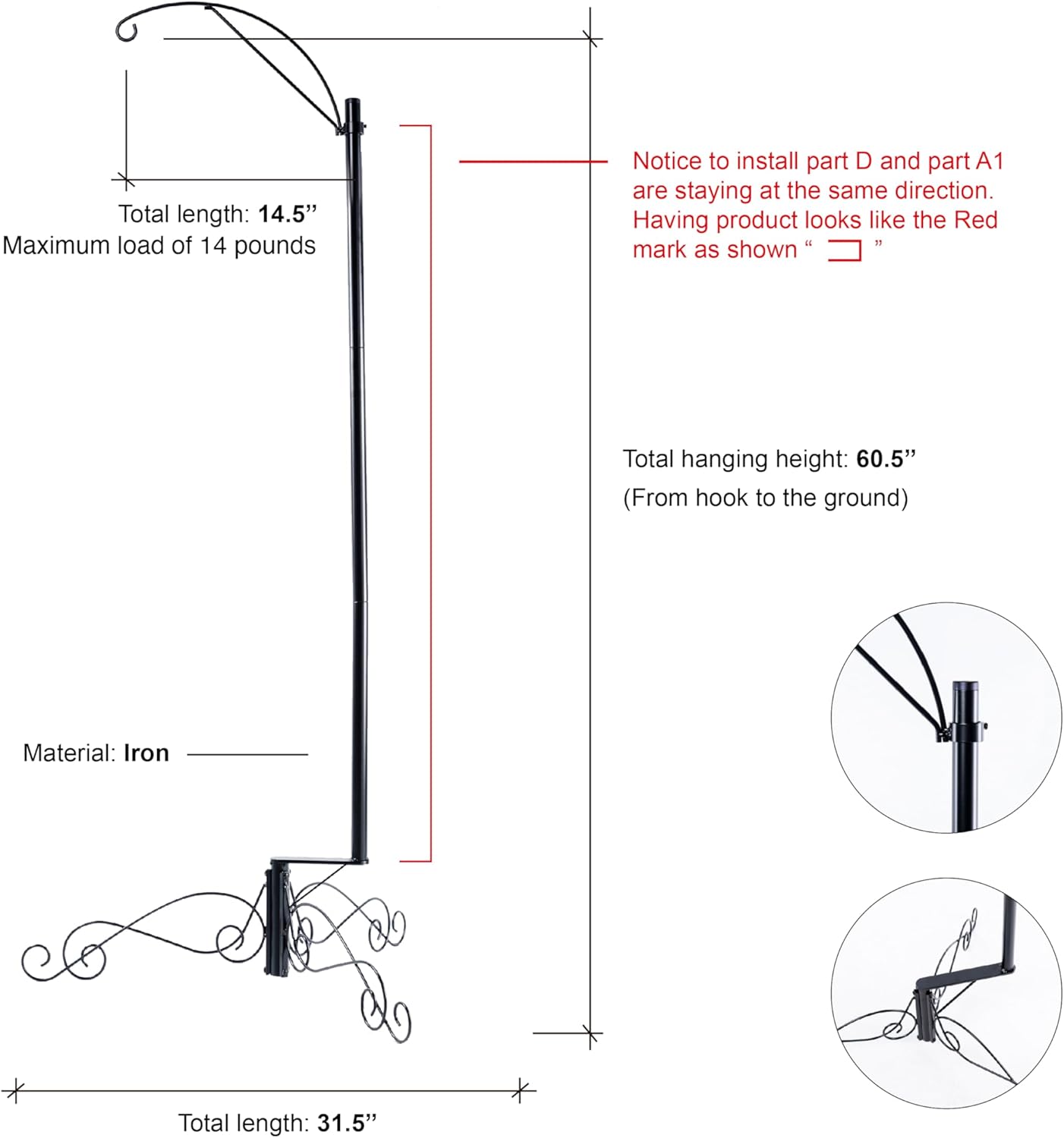 HOHIYA 61 Inch Bird Cage Stand Shepherd Hook Hanging for Hummingbird Feeder Solar Light Lantern Plant Basket Max Loading14 Lbs Black Taiwan Made