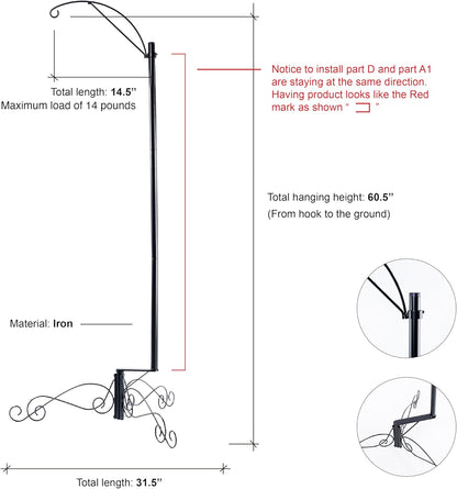 HOHIYA 61 Inch Bird Cage Stand Shepherd Hook Hanging for Hummingbird Feeder Solar Light Lantern Plant Basket Max Loading14 Lbs Black Taiwan Made