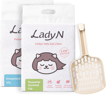 Lady N Ultimate Cat Litter Bundle: Pellets Tofu Cat Litter (Wood Scented Combo 18lb) + Infinity Scoop, Dust-Free, Low Tracking, Odor Control, Designed for Tofu Litter
