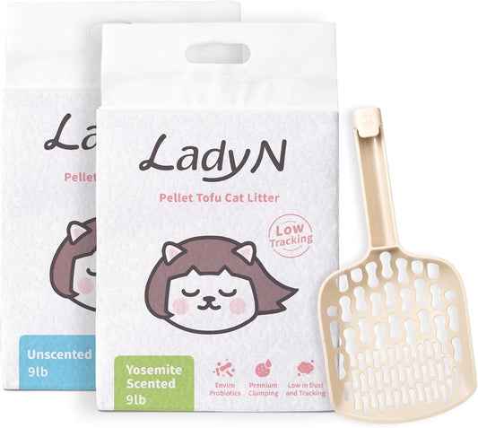 Lady N Ultimate Cat Litter Bundle: Pellets Tofu Cat Litter (Wood Scented Combo 18lb) + Infinity Scoop, Dust-Free, Low Tracking, Odor Control, Designed for Tofu Litter