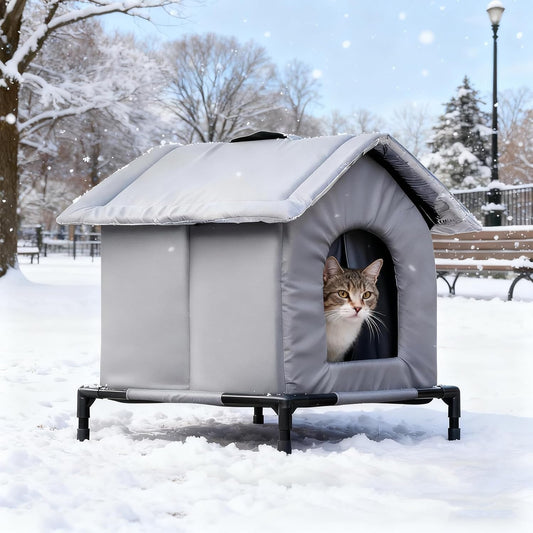 Cat Houses for Outdoor Cats,Self-Warming Cat Bed Outdoor Cat Feeding Satation,Insulated Outside Cat Houses Weatherproof for Stray Cats,Warm Elevated Feral Cats Shelter for Winter (Grey)