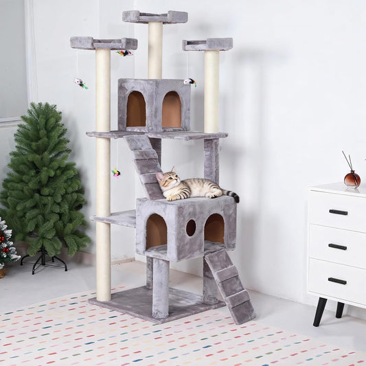 Cat Tree Tower 61-in Large Plush Multi-Level Cat Condo with Sisal-Covered Scratching Posts 2 Climbing Ladder and 3 Plush Toy Saving Pet Play House for Indoor Cats Gray