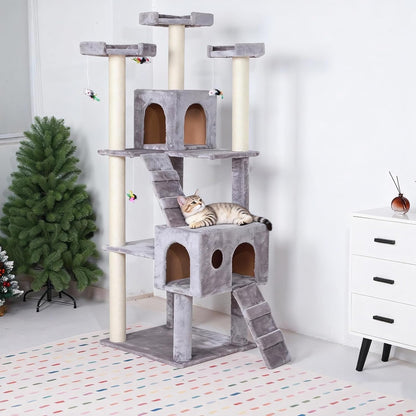 Cat Tree Tower 61-in Large Plush Multi-Level Cat Condo with Sisal-Covered Scratching Posts 2 Climbing Ladder and 3 Plush Toy Saving Pet Play House for Indoor Cats Gray