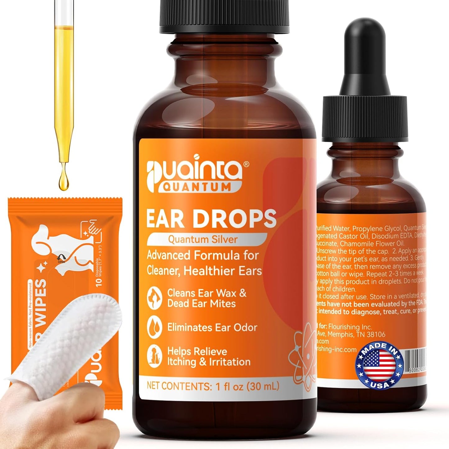 Dog Ear Drops with Finger Cots, Natural Dog Ear Cleaner and Infection Treatment, Quantum Silver Dog Ear Cleaning Solution for Itching, Irritation & Wax Build-Up,1oz