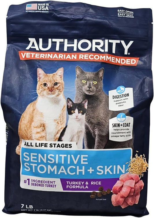 Authority Sensitive Stomach and Skin Dry Cat Food, Turkey and Rice Formula, 7 Pound Bag