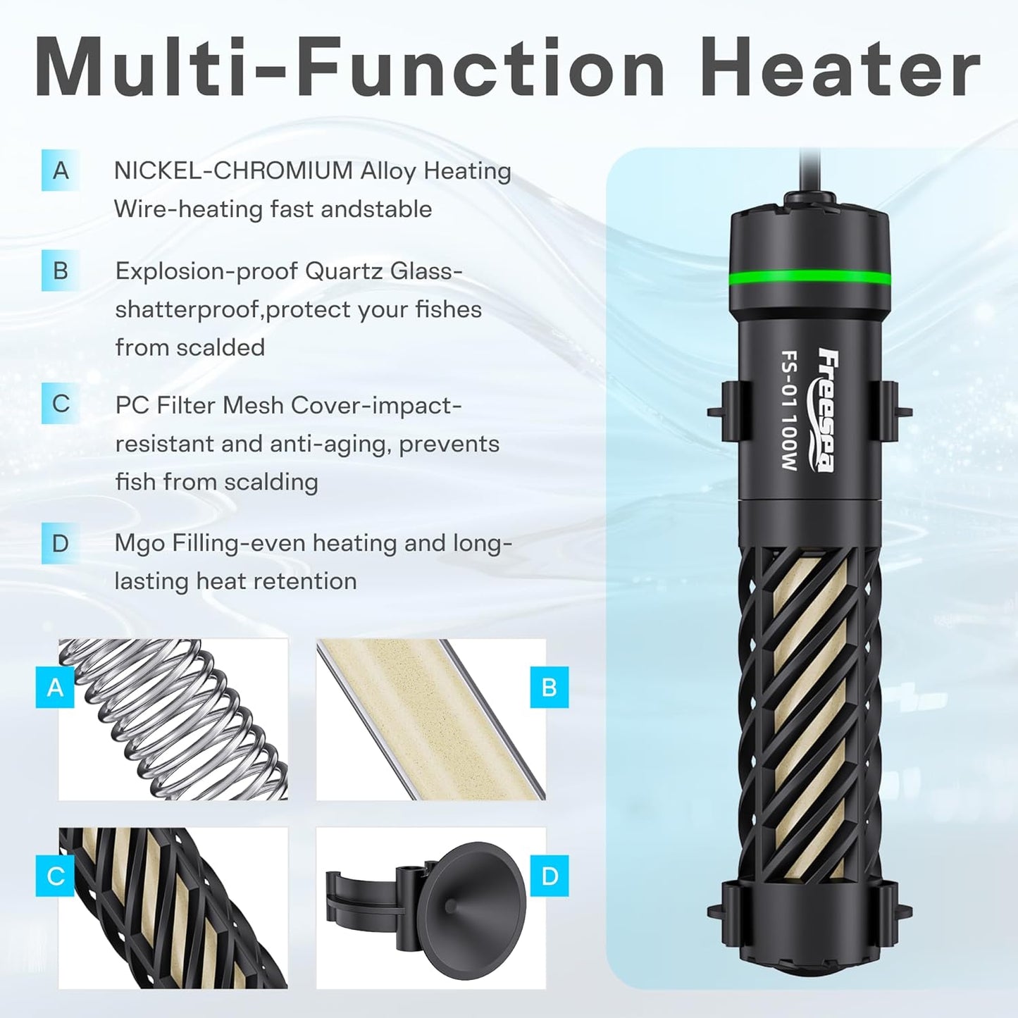 FREESEA Aquarium Heater for Fish Tank: 100W Small Submersible Thermostat with Off-Water Protection & UL Certified Cord for 10-20 Gallon Fish Turtle Tanks Enthusiasts