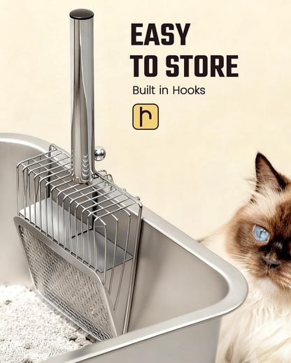 Cat Litter Scoop - Stainless Steel Metal Cat Litter Scoop -Large Size, Deep Shovel, Long Handle, Poop Sifting, Durable, Heavy Duty,Kitten Pooper Lifter for Litter Box