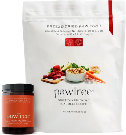 pawTree Bundle for Dogs & Cats – Freeze-Dried Raw Food (1.5 lbs, Beef) & Gastro Pro Plus (30 ct) – Complete Nutrition & Digestive Support