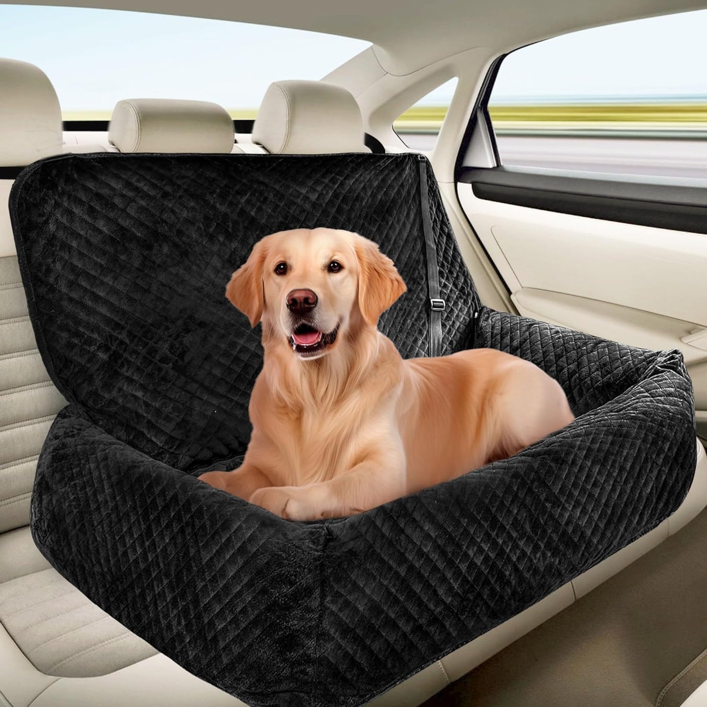 Sephyroth Medium/Large Dog Car Seat - Soft Crystal Velvet Dog Bed with Safety Belt Buckle for Back Seat, Suitable for Dogs 60 lbs or Two Small Dogs