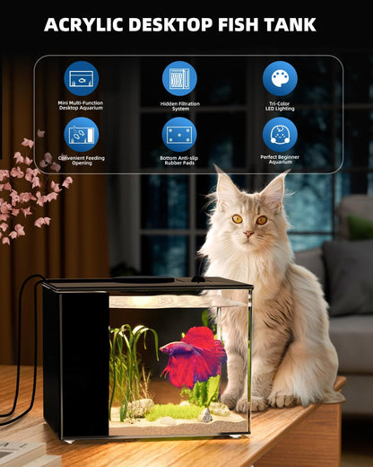 Betta Fish Aquarium 2.9L (0.78 Gal), Acrylic Small Fish Tank Kit with Water Filter Pump & LED Light, Ideal for Small Fish, Shrimp and Plants, Black