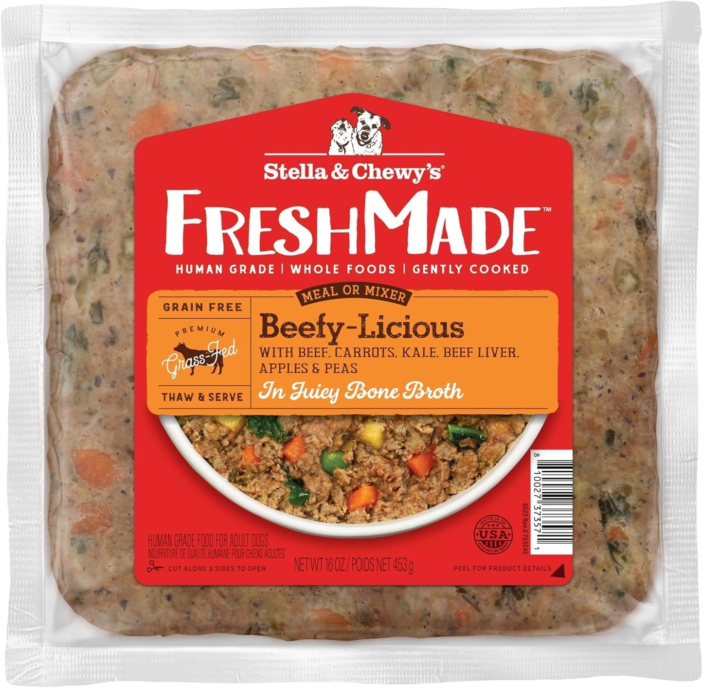 Stella & Chewy's FreshMade Frozen Fresh Grain-Free Beefy-Licious Dog Food, 16-oz Pouch (Pack of 4)