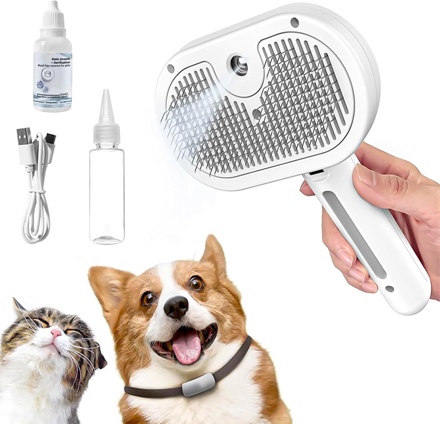 Pet Steam Brush, 3-in-1 Self-Cleaning Grooming Tool for Long & Short Hair Pets - Deshedding and Dematting Hair Brush for Dogs & Cats - White