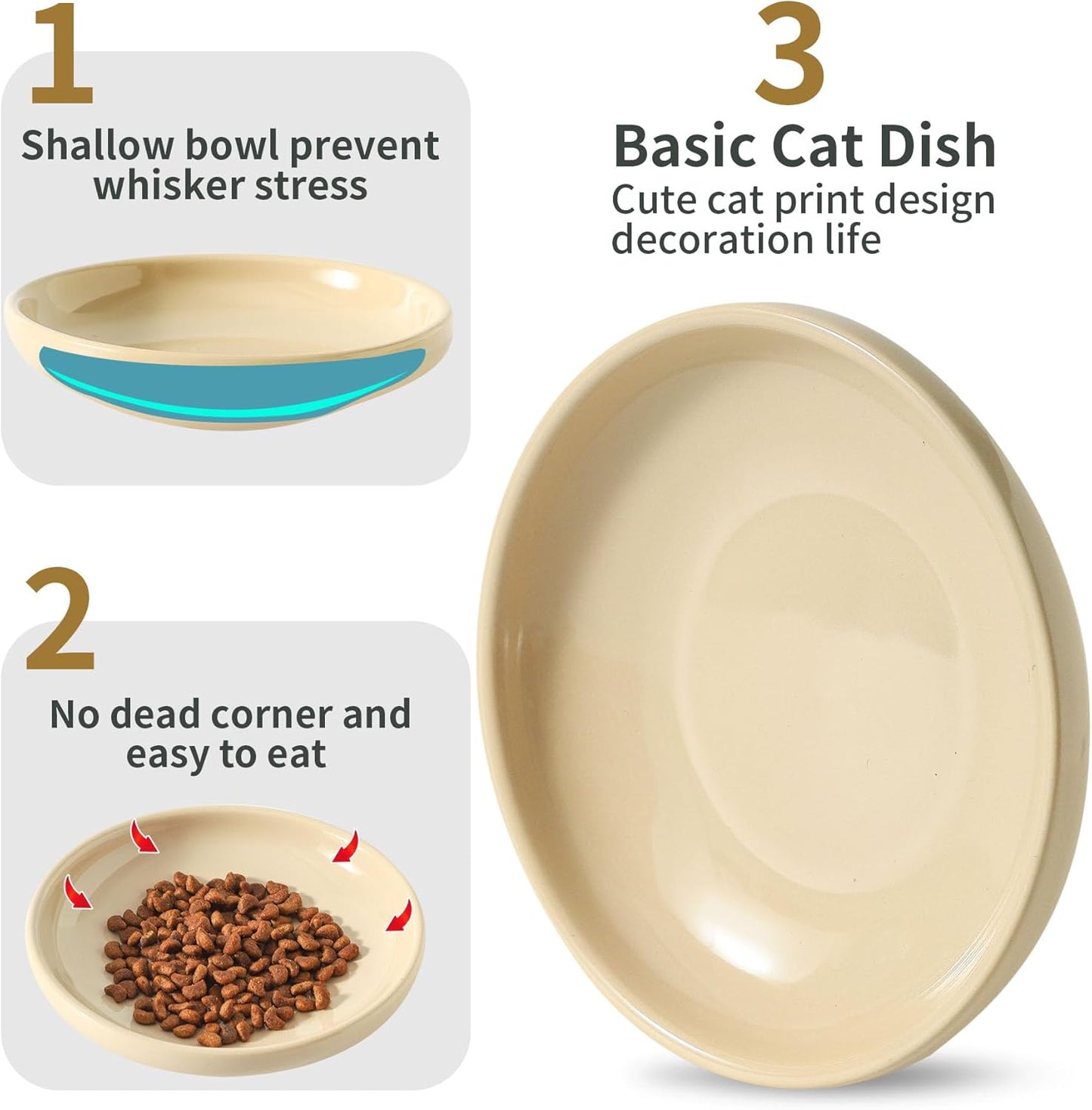 3 PCS Ceramic Cat Bowls, 5.5 in Pet Food Bowl Cat Dishes for Food and Water, Small Dog Dish(Khaki)