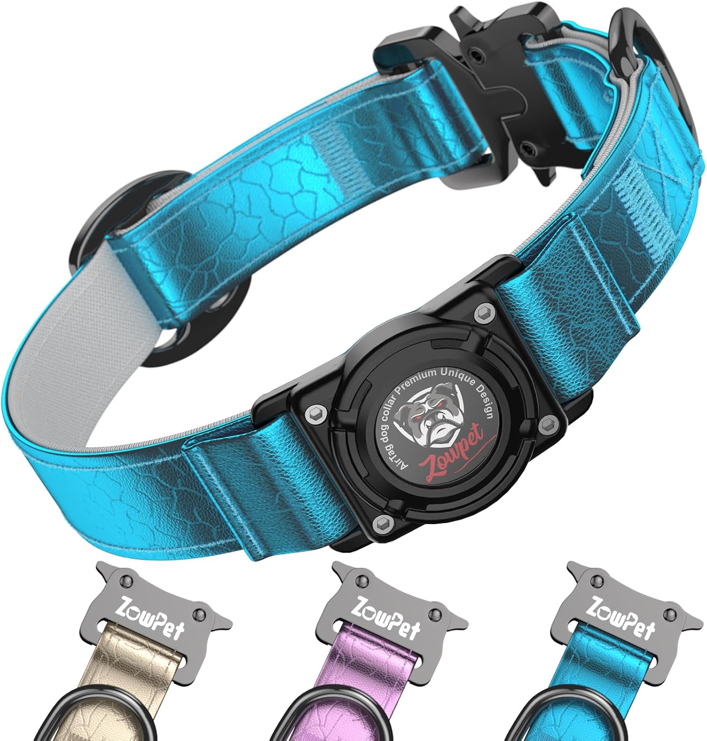 Leather AirTag Dog Collar Dog Collar with Airtag Holder | IP68 Waterproof AirTag Holder with Metal Buckle, Comfortable GPS Dog Collars Tracker for Medium Large Dogs (Blue, M)