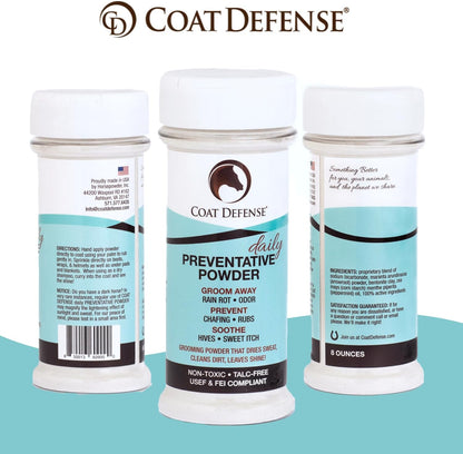 Coat Defense Daily Preventative Powder for Horses - Safe & Effective Equine Sweet Itch, Skin Funk, Scratches, & Rain Rot Treatment - Dry Shampoo for Horses, 8 oz Formula with All Natural Ingredients