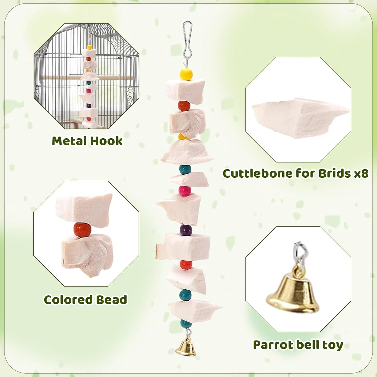 4PCS Cuttlebone for Birds, Bird Toys for Cockatiels and Parakeets, Natural Cuddle Bones for Birds, Parrot Toy with 9 Beads, Durable Bird Accessories,Parakeet Toys,Cockatiel Toys