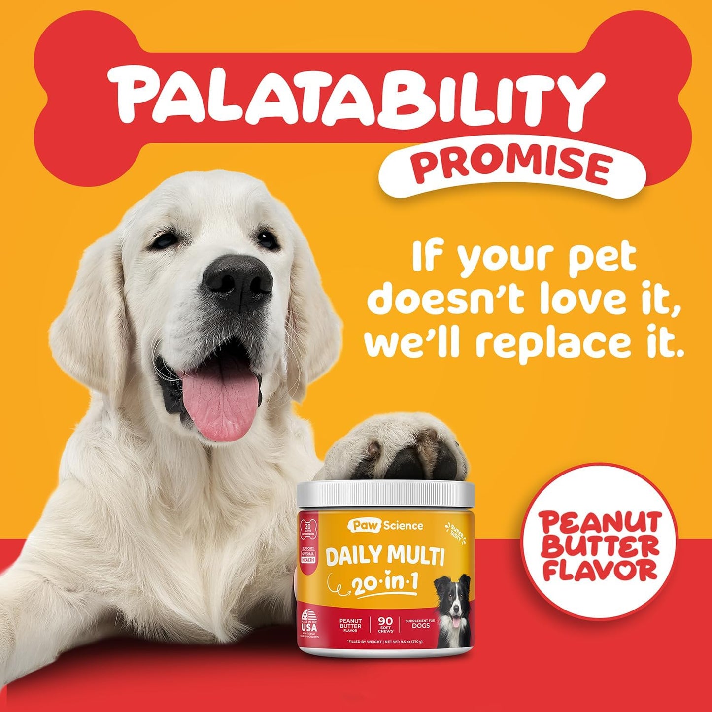 Dog Vitamins and Supplements - 20-in-1 Multivitamin Treats for Dogs - Glucosamine, Probiotics, Wild Alaskan Salmon Oil, Chondroitin, MSM & More - Peanut Butter Flavor - 90 Count