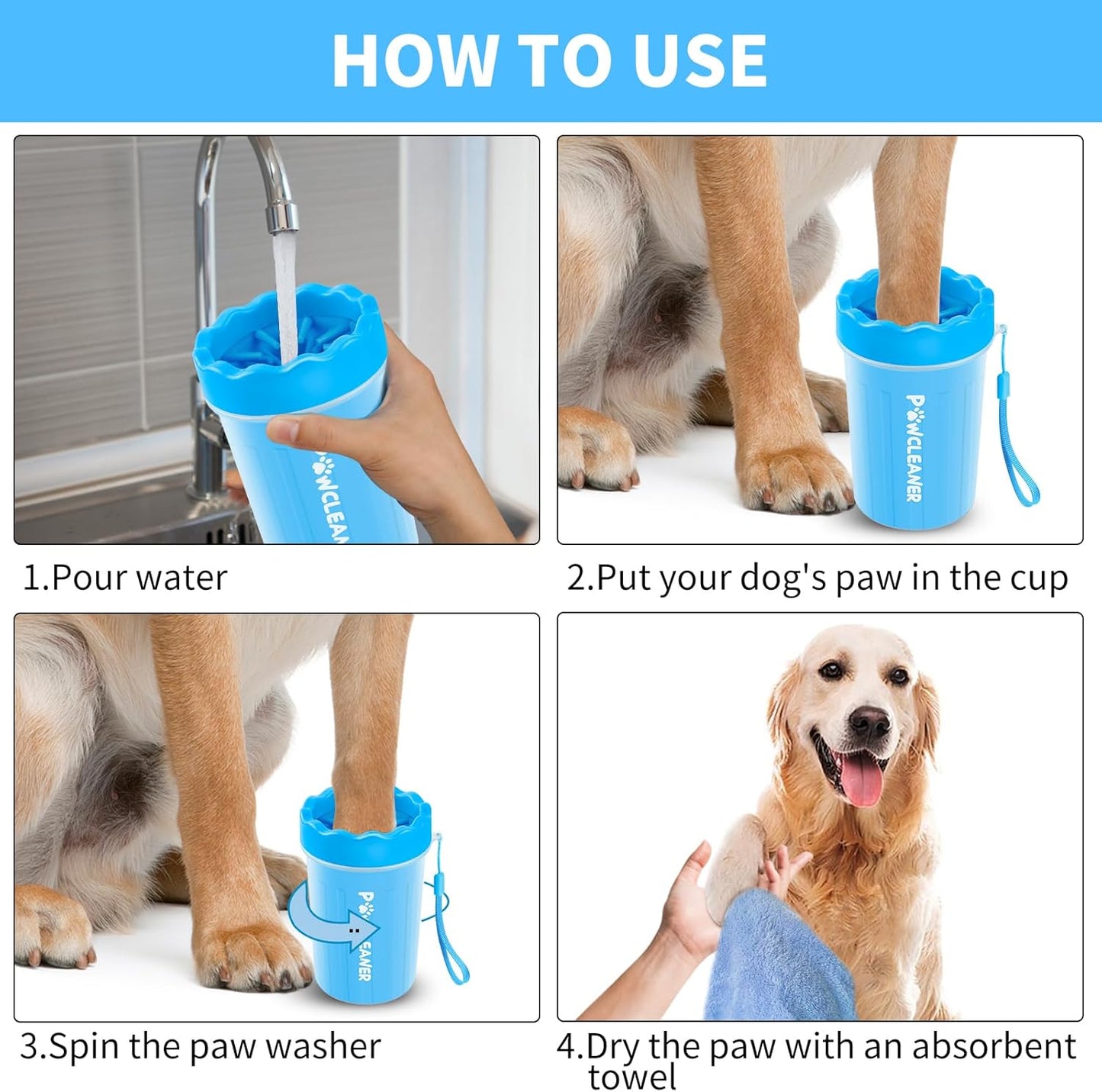 Professional 7 in 1 Dog Paw Cleaner for Dogs & Cats - Includes 1 Portable Paw Washer, 1 Bath Brush, 2 Dog Toothbrushes and 3 Absorbent Towels Note: Fits Paws 1.5 to 2.5 Inches Wide (Medium, Blue)