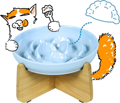 Slow Feeder Cat Bowl with Stand - Unbreakable Elevated Slow Feeder Bowl for Cats - Melamine Puzzle Raised Cat Food Bowl - Whisker Friendly & Wet & Dry Food- Dishwasher Safe & Non Slip (Blue