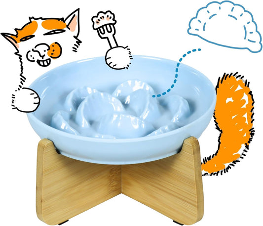 Slow Feeder Cat Bowl with Stand - Unbreakable Elevated Slow Feeder Bowl for Cats - Melamine Puzzle Raised Cat Food Bowl - Whisker Friendly & Wet & Dry Food- Dishwasher Safe & Non Slip (Blue