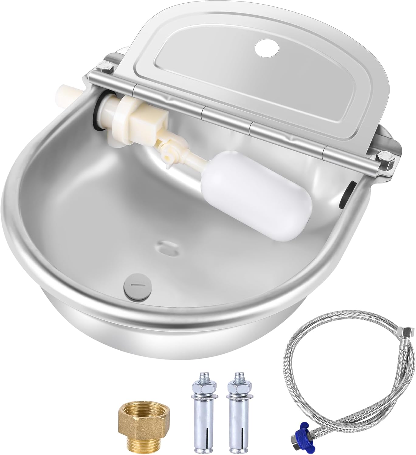 MYFAMIREA Automatic Animal Drinking Water Bowl Stainless Steel Waterer Feeder Farm Dog Dispenser Kit Self Filling for Livestock Horse Goat Water Trough with Float Valve Drain Hole Hose Adapter Bolts