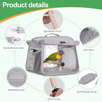 Portable Small Bird Travel Cage Carrier, Parrot Parakeet Cockatiels Bird Travel Cage, Lightweight Travel Bird Cage with Stand and Easy Clean Tray