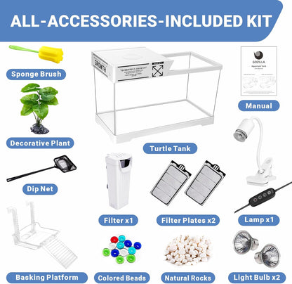 GOZILLA Aquatic Turtle Tank+Lamp+Filter Kit, Upgrade PC Turtle Tank Starter Kit with Adjustable 360°Lamp & Filter,Reptile Habitat Lid,Hanging Platform for Small Reptiles.(15.75×7.9×9''/White)