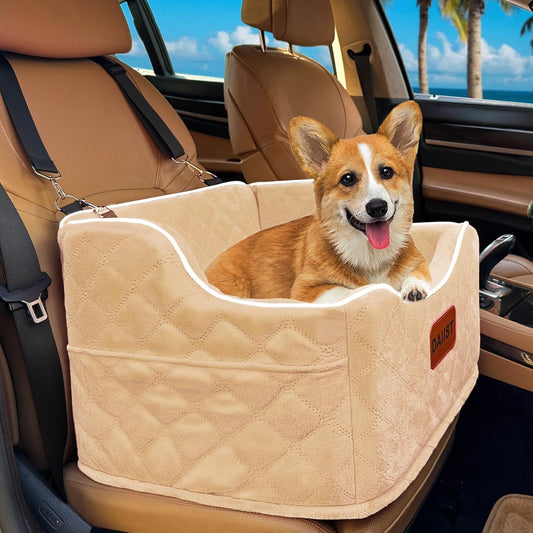 Dog Car Seat for Small Medium Dogs, Detachable Washable Dogs Booster Seat Under 35lbs, Elevated Dog Car Bed with Storage Pockets (Light Khaki, One Size)