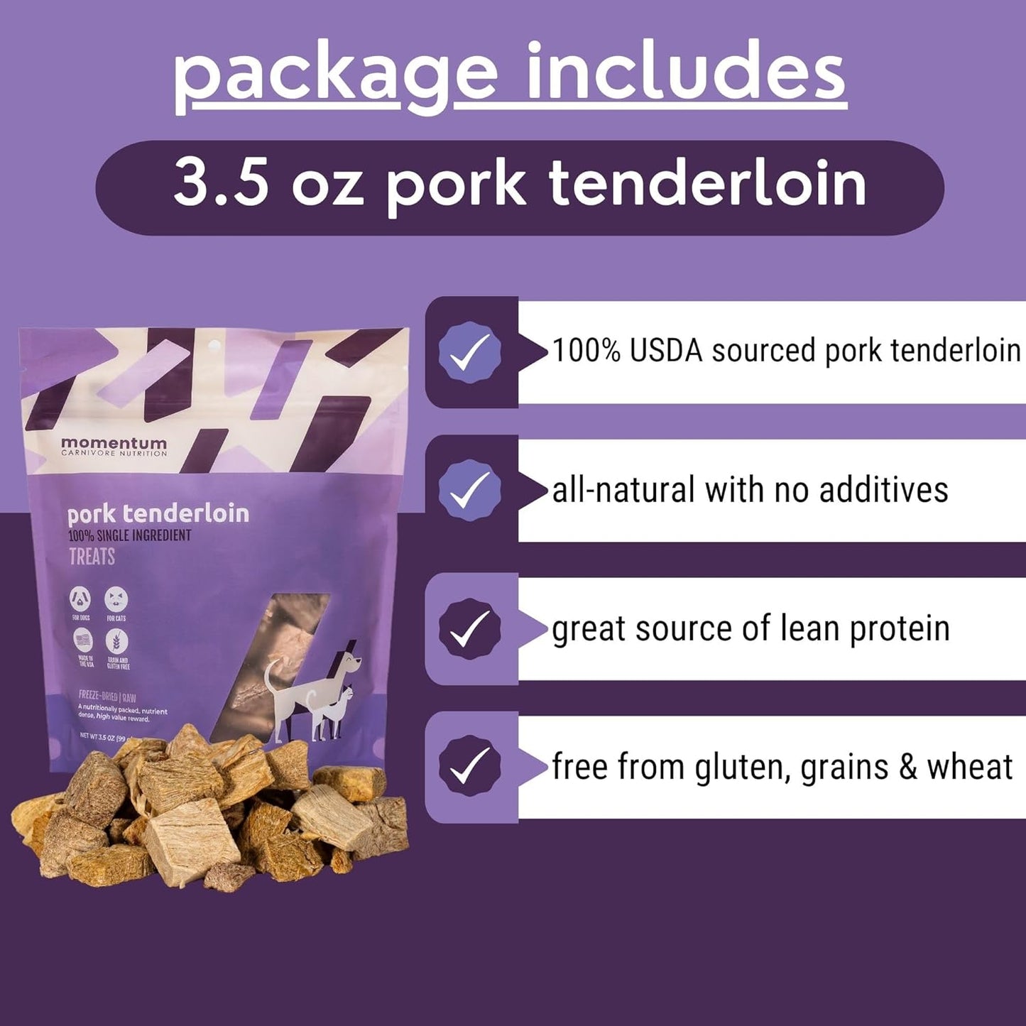 Momentum Carnivore Nutrition Freeze-Dried Pork Tenderloin Dog Treats & Cat Treats – Single-Ingredient, High-Protein, Grain-Free, Lean & Naturally Tender – Made in USA – 3.5 oz Bag