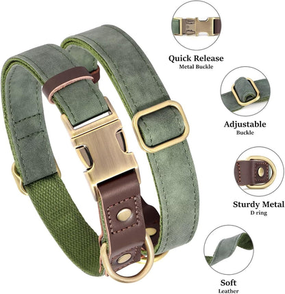 Didog Soft PU Leather Dog Collars for Medium Dogs,Classic Adjustable Dog Collars with Quick Release Metal Buckle,Easy Clean and Comfortable with Nylon Lining,Green,M Neck 13-19"