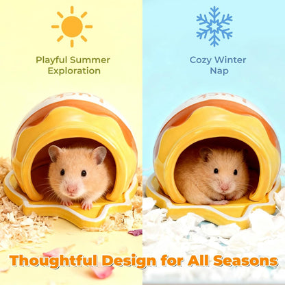 Ceramic Hamster Hideout, Small Pet Hideaway House, Guinea Pig Habitat Decor, Cute Syrian Hut, Chinchilla Cage Accessories for Dwarf Hamsters, Mice, Rats, Toads, Gerbils (Honey Shape)