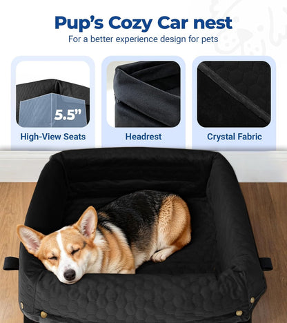 Dog Car Seat for Small Medium Dogs, Travel Pet Car Bed with Removable Waterproof Cover, Memory Foam Dog Booster Seats Up to 35 lbs, Safety Belt and Storage Pocket(Black)