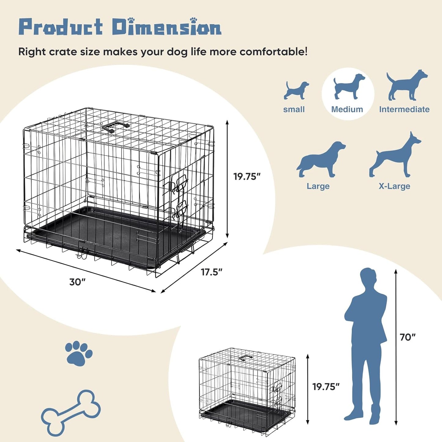 DUMOS Dog Crate, 30 Inch Medium Single Door Dog Cage with Plastic Leak-Proof Pan Tray, Folding Metal Wire Pet Kennel for Indoor, Outdoor, Travel